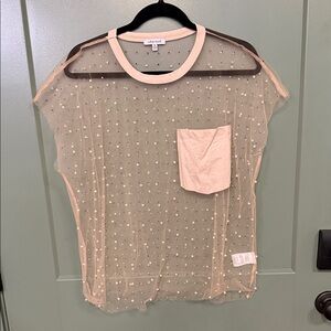 White Birch Sheer Pearl-Studded Pink Trim Pocket Tee
